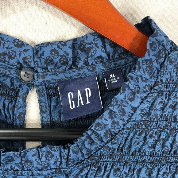 GAP Dress Women's XL Blue Floral Pullover Mini Smocked Ruffle Sleeve Pockets - Picture 5 of 16